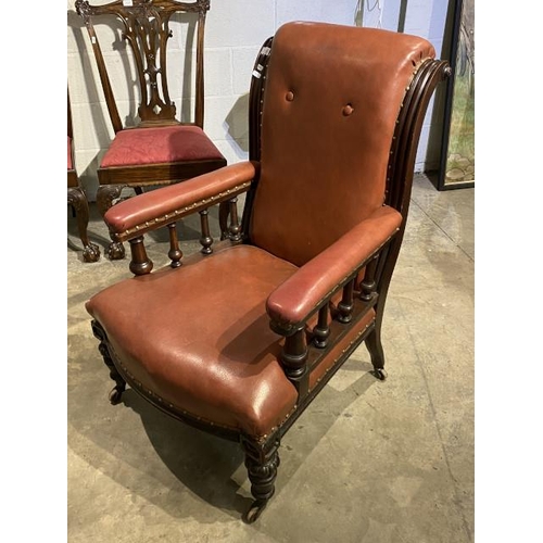 245 - Victorian mahogany and leather library armchair 102H 59W 69D (one leg has been repaired)