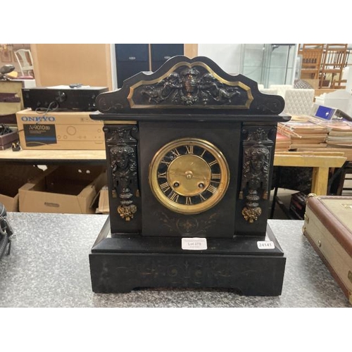 279 - 19th century slate mantel clock with key and pendulum (Top loose)