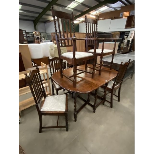 77 - Edwardian oak barley twist drop leaf table 73H 107W 50-150D and 6 chairs including 2 carvers