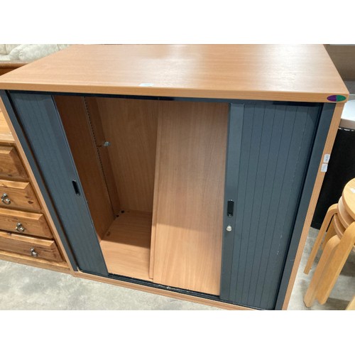 49 - Godfrey Syrett tambour fronted office cupboard 100H 103W 51D