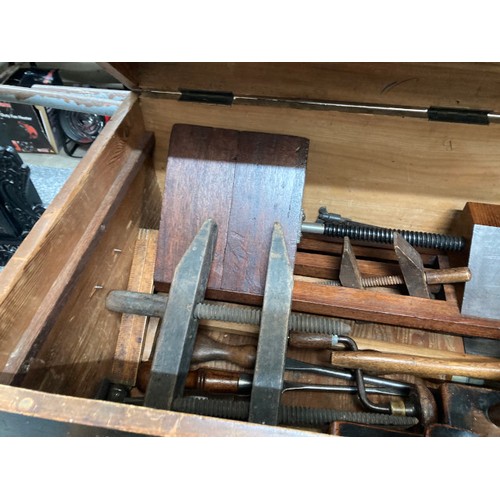 270 - Large wooden tool chest containing lots of wood working tools