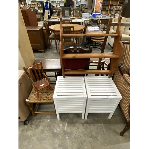 128 - 2 white bedside tables 50H 38W 37D, rush seated and oak stool, pine plate rack 76H 65W 19D etc