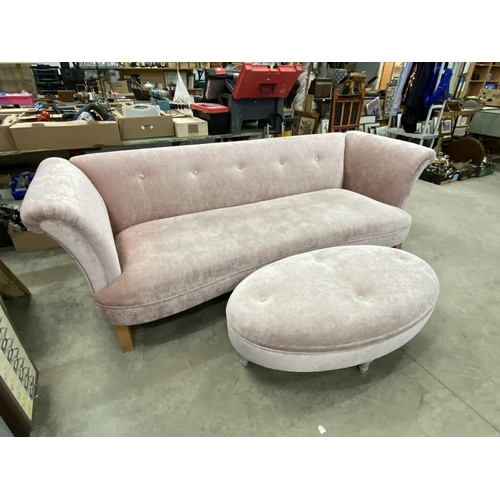 174 - Pink velour settee 80H 240W 80D and a matching footstool 40H 115W 60D