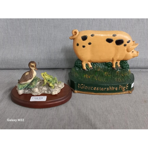 319 - Hand signed Ray Ayres 1984 Border Fine Arts frog & duckling & a cast iron enamel painted Gloucesters... 