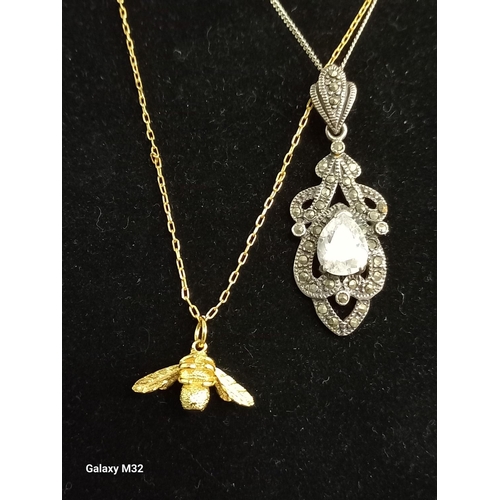 321 - Silver & marcasite pendant on silver neck chain, 40cm & a silver gilt 'Bee' pendant on silver gilt n... 