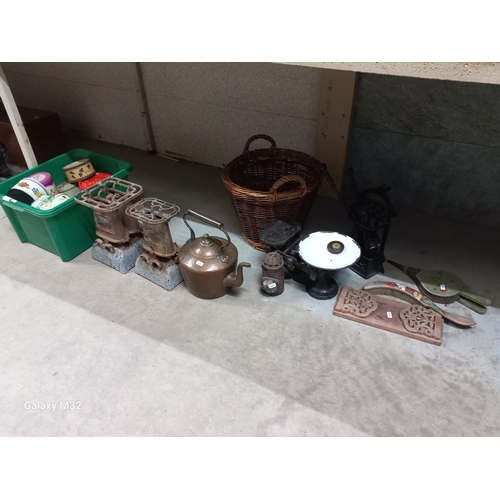 423 - 2 greenhouse heaters, copper kettle, log basket, vintage scales and weights etc