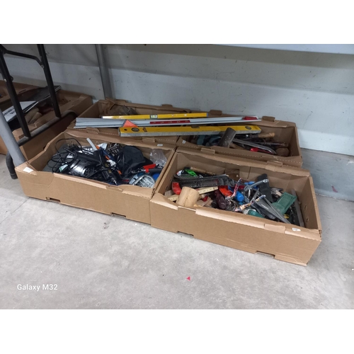 443 - 4 boxes of workshop tools including spirit levels, planes, saws, mallet, screwdrivers, glue guns, kn... 