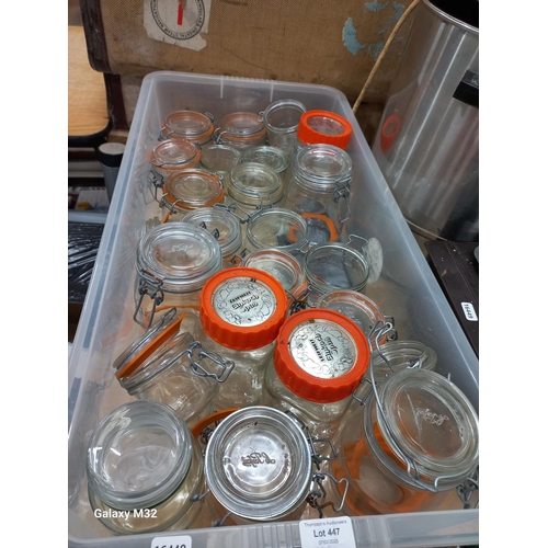 447 - Plastic crate of kilner style jars Le Parfait 0.5, 1L etc and 3 Leifheit Einkoch Spa jars 1L etc