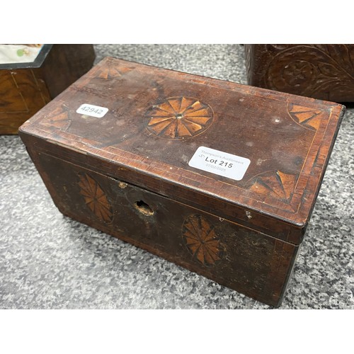 215 - Mahogany inlaid box, 18H 58W 24D, inlaid mahogany tea caddy (as found) 11h 23W 13D, teak carved box ... 