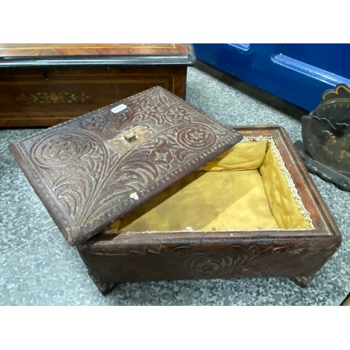 215 - Mahogany inlaid box, 18H 58W 24D, inlaid mahogany tea caddy (as found) 11h 23W 13D, teak carved box ... 