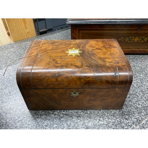 215 - Mahogany inlaid box, 18H 58W 24D, inlaid mahogany tea caddy (as found) 11h 23W 13D, teak carved box ... 