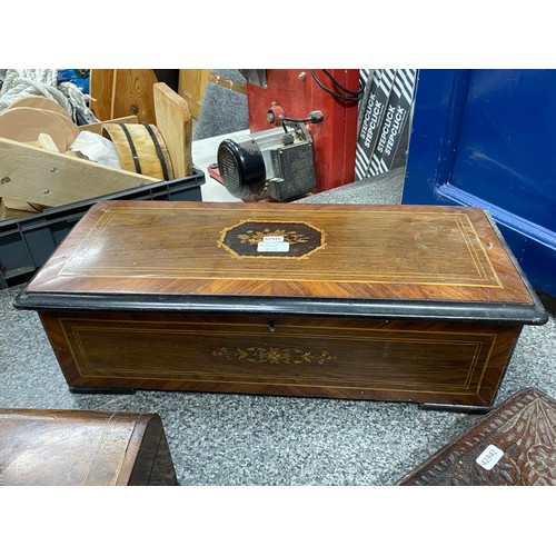 215 - Mahogany inlaid box, 18H 58W 24D, inlaid mahogany tea caddy (as found) 11h 23W 13D, teak carved box ... 