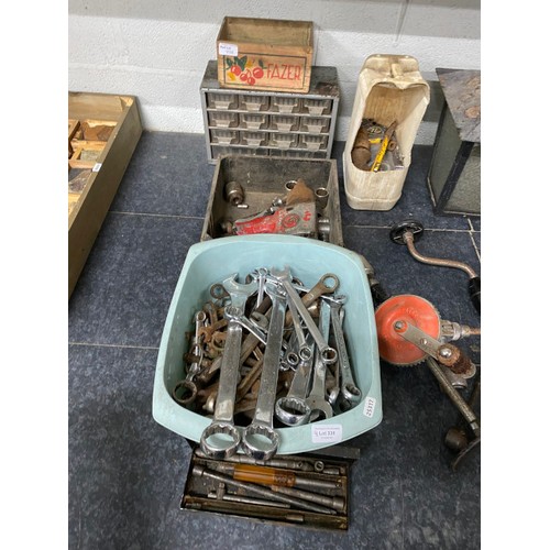 338 - Quantity of vintage tools including, spanners, drill bits, hand drills, etc.