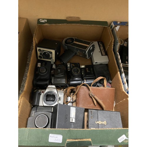 362 - Three boxes of vintage cameras and cases including Panasonic, Super 8 video camera, Brownie, Kodak, ... 