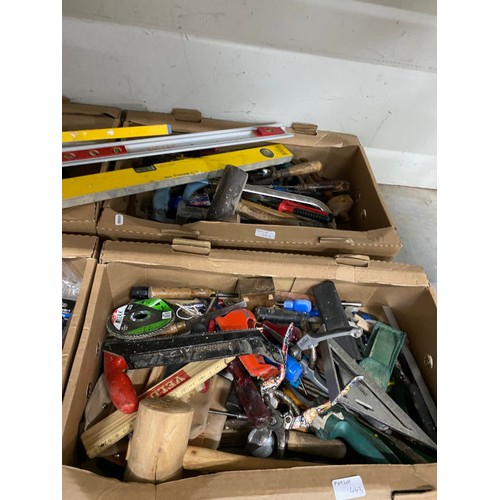 443 - 4 boxes of workshop tools including spirit levels, planes, saws, mallet, screwdrivers, glue guns, kn... 