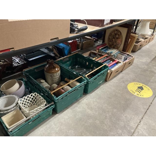 514 - Boxes of assorted collectables including planters, stoneware bottles and bedwarmers, vintage glass b... 