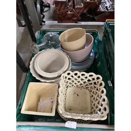 514 - Boxes of assorted collectables including planters, stoneware bottles and bedwarmers, vintage glass b... 