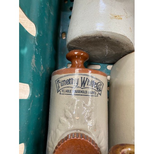 514 - Boxes of assorted collectables including planters, stoneware bottles and bedwarmers, vintage glass b... 