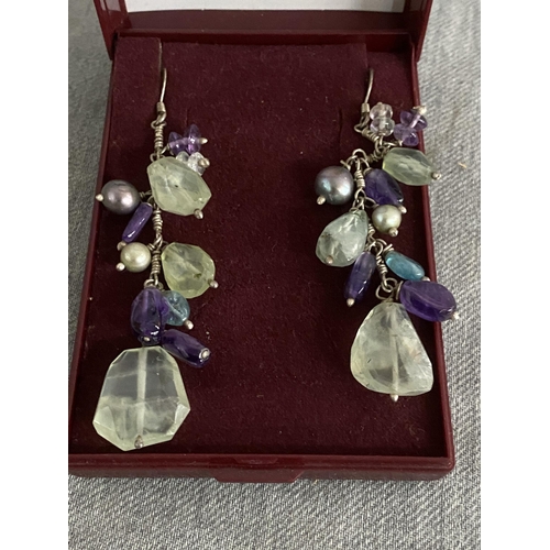 387 - A pair of 925 silver, pearl & multi gem hardstone drop earrings