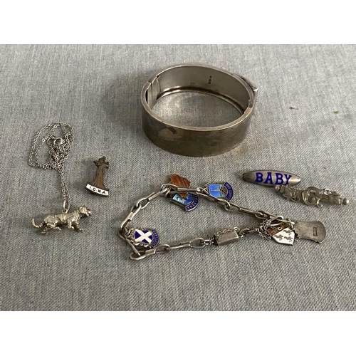 396 - Antique silver bangle, sterling silver charm bracelet with 6 silver & enamel charms, silver brooch e... 