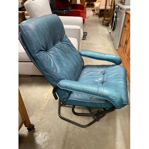 48 - Mid Century Danish blue leather & vinyl 'UNICO' swivel, reclining chair 98H 72W