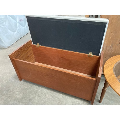 207 - Mid century teak blanket box with faux leather top 45H 96W 40D, teak effect occasional table 46H 61c... 