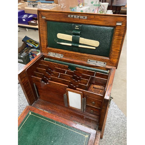 297 - Edwardian oak portable office/ writing box with silver mount inscribed 'Presented to Arthur T. Smith... 