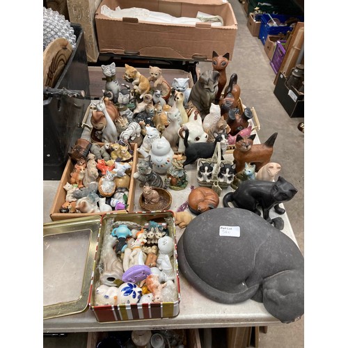 586 - Collectables including assorted cat figurines, brass wares, box of cutlery including Martin Rostfrei... 