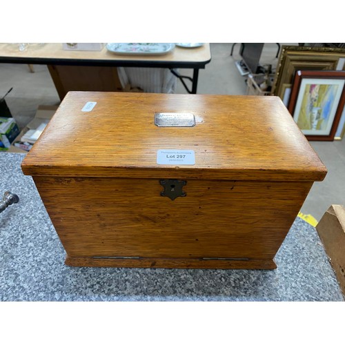 297 - Edwardian oak portable office/ writing box with silver mount inscribed 'Presented to Arthur T. Smith... 