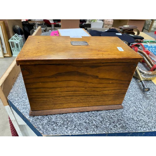 297 - Edwardian oak portable office/ writing box with silver mount inscribed 'Presented to Arthur T. Smith... 