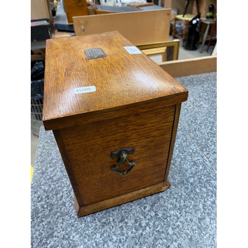 297 - Edwardian oak portable office/ writing box with silver mount inscribed 'Presented to Arthur T. Smith... 