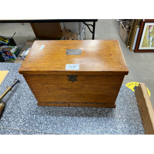 297 - Edwardian oak portable office/ writing box with silver mount inscribed 'Presented to Arthur T. Smith... 