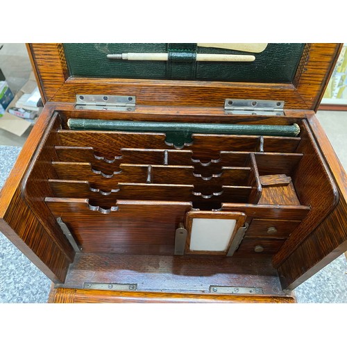 297 - Edwardian oak portable office/ writing box with silver mount inscribed 'Presented to Arthur T. Smith... 