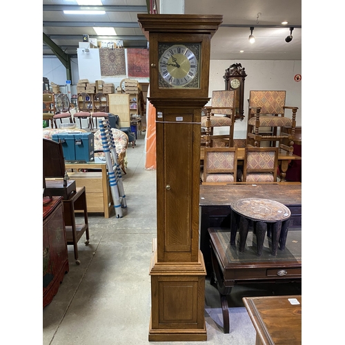 239 - English oak grandmother clock with square face (mechanism requires repair) 195H 35W 27D