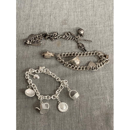 397 - Silver charm bracelet with 3 charms 25.2g, silver chain with 10 silver charms 27.3g A/F & a silver t... 