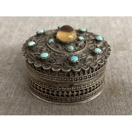 398 - Middle Eastern silver tone & cabochon set pill box