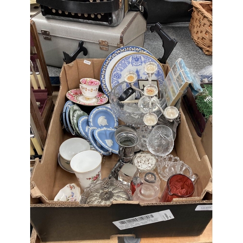 613 - Box of collectables including silver plated candelabra, assorted glass wares including cut glass fru... 