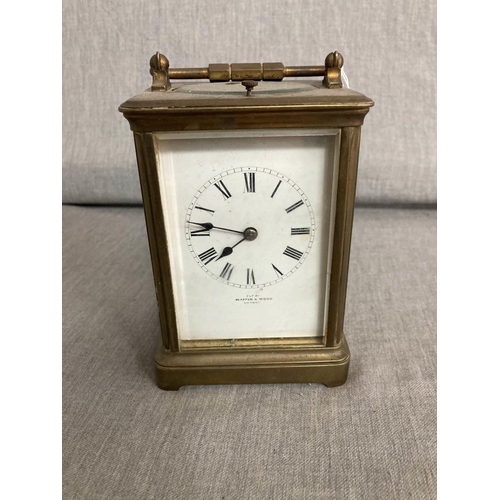 633 - Mappin & Webb London brass & glass carriage clock, no key (untested) 9W 13H 8D