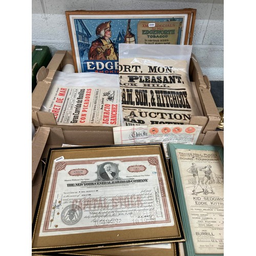 476 - 4 boxes of ephemera & early Victorian hand written order books, framed 1930 boxing poster, share cer... 