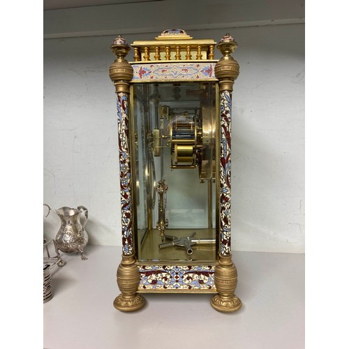 350 - French champleve enamel & gilt metal mantel clock by A & N with pendulum & key, untested (18cm wide,... 