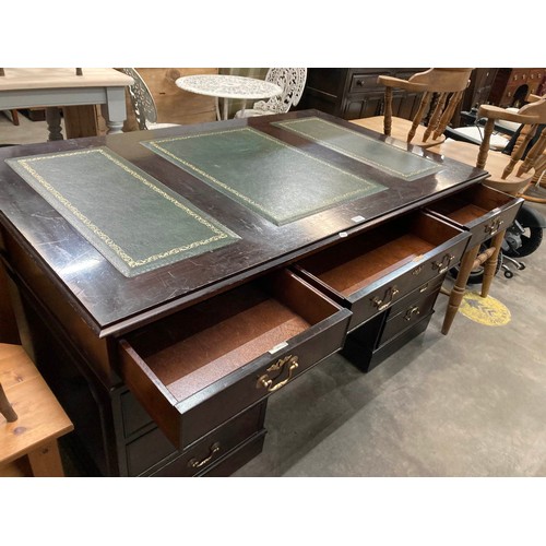 114 - Mahogany pedestal desk with green leather inset 78H 153W 91D