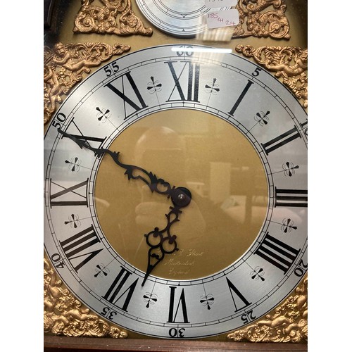 157 - Mahogany cased Tempus Omnia grandfather clock with weights and pendulum 185H 41W 24D