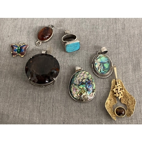 395 - 7 pendants inc. silver, enamel, turquoise, Austrian, abalone etc.