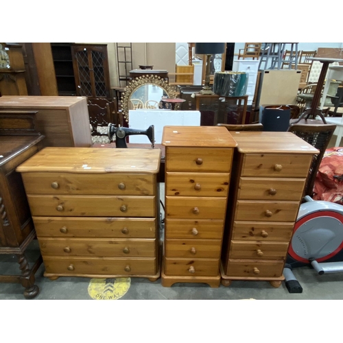 114 - Pine five drawer chest 90H 83W 38D, pine six drawer chest 108H 43W 40D & a pine six drawer chest 104... 
