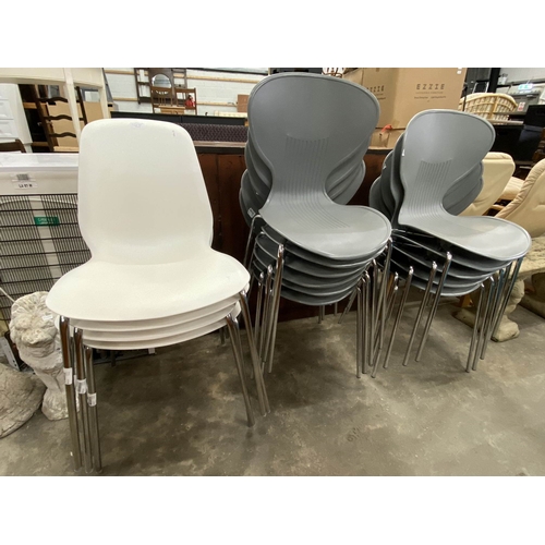 117 - 11 grey stacking chairs & 4 Ikea white stacking chairs