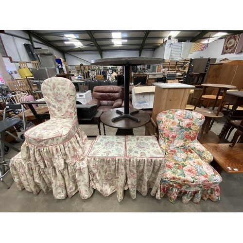 88 - 2 floral bedroom chairs 49W & 64W, 2 floral occasional tables 58H 41W 41D & stool 49H 90W 50D (all w... 