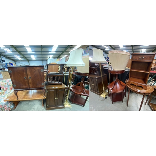 89 - Assorted furniture including a mahogany display cupboard 85H 77W 40D, a Cryer Craft oak cupboard 76H... 