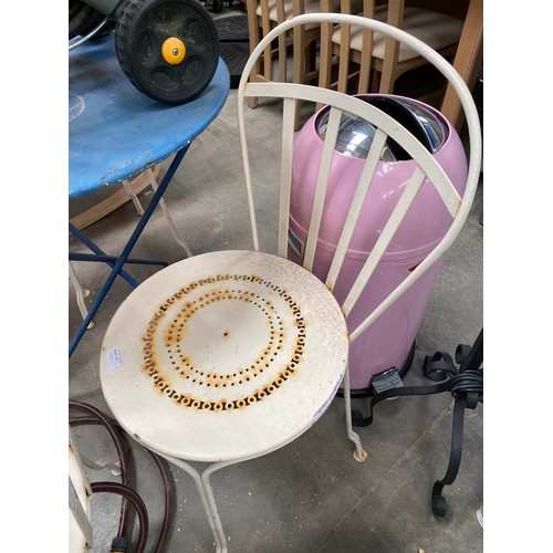 103 - French metal garden table 73H 60cm diameter, 4 chairs and hosepipe with reel