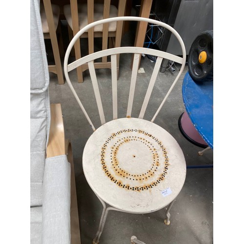 103 - French metal garden table 73H 60cm diameter, 4 chairs and hosepipe with reel