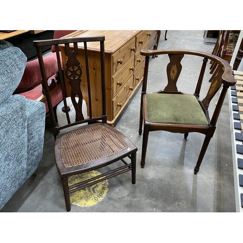 22 - Victorian mahogany inlaid corner chair 67W & an Arts & Crafts wheel back side chair 47W